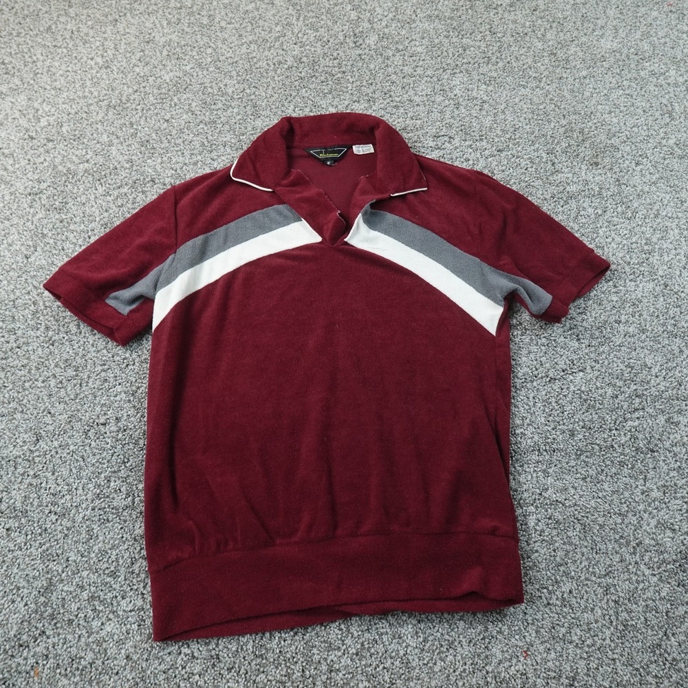 VTG 70s Polo Shirt Mens M Red Terry Johnny Collar Colorblock Short Sleeve Retro